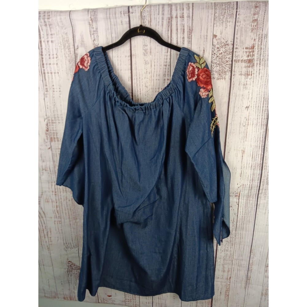 Mlle Gabrielle Tunic Midi Dress Women's XL Blue Chambray Off The Shoulder